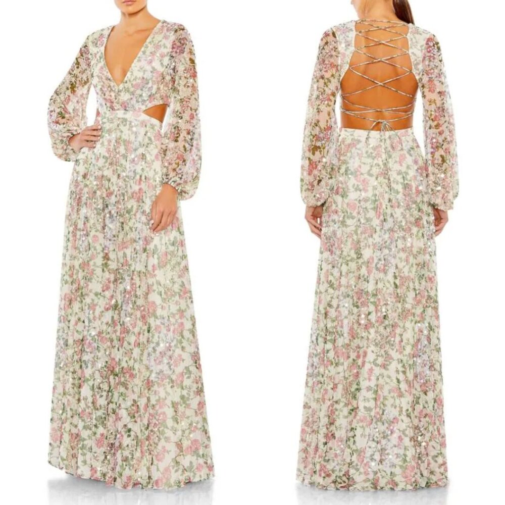 Mac Duggal NWT Floral Sequin Cutout Strappy Lace Up Back A93746 Sz 4